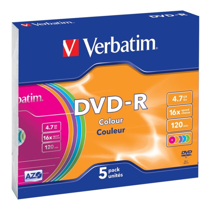 Verbatim DVD-R, 16x, 4,7 GB/120 min, 5-pakning slim case, AZO, farget (43557) i gruppen Elektronikk / Lagringsmedia / CD/DVD/BD-plater / DVD-R hos TP E-commerce Nordic AB (38-23692)