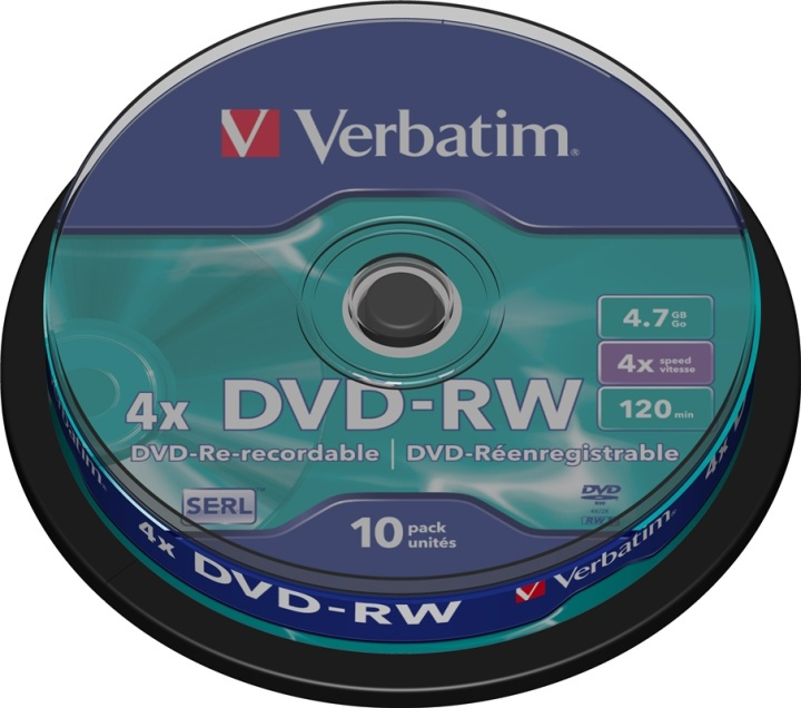 Verbatim DVD-RW, 4x, 4,7 GB/120 min, 10-pack spindel, SERL i gruppen Elektronikk / Lagringsmedia / CD/DVD/BD-plater / DVD-RW hos TP E-commerce Nordic AB (38-23704)