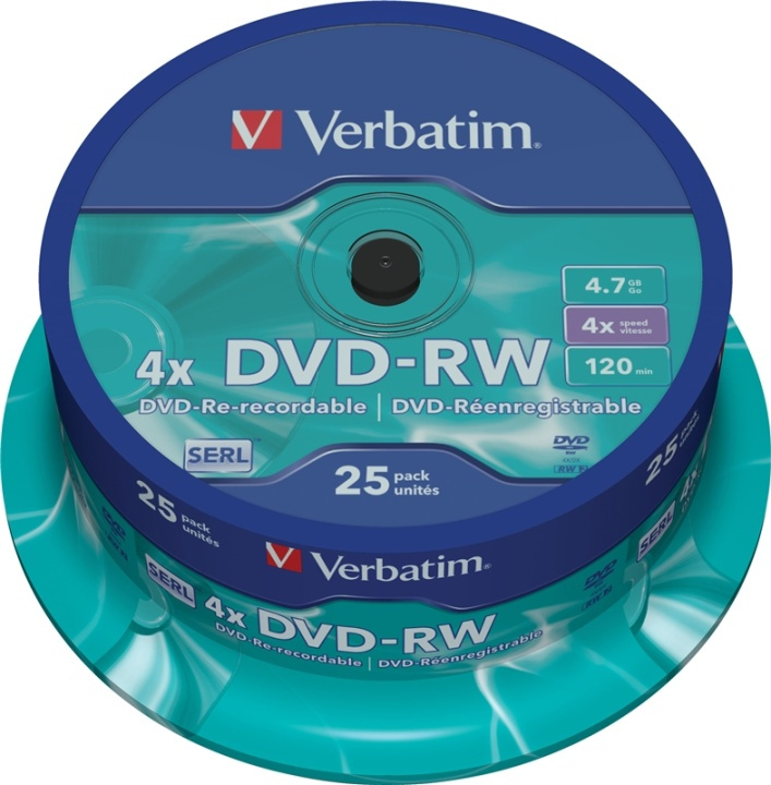 Verbatim DVD-RW, 4x, 4,7 GB/120 min, 25-pakning spindel, SERL (43639) i gruppen Elektronikk / Lagringsmedia / CD/DVD/BD-plater / DVD-RW hos TP E-commerce Nordic AB (38-23706)