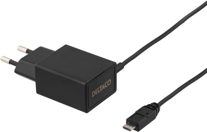 DELTACO Väggladdare 230V till 5V USB, 2.1A, 1x USB Micro B, 1m, svart (USB-AC75) i gruppen SMARTTELEFON & NETTBRETT / Ladere og Kabler / Vegglader / Vegglader microUSB hos TP E-commerce Nordic AB (38-23957)