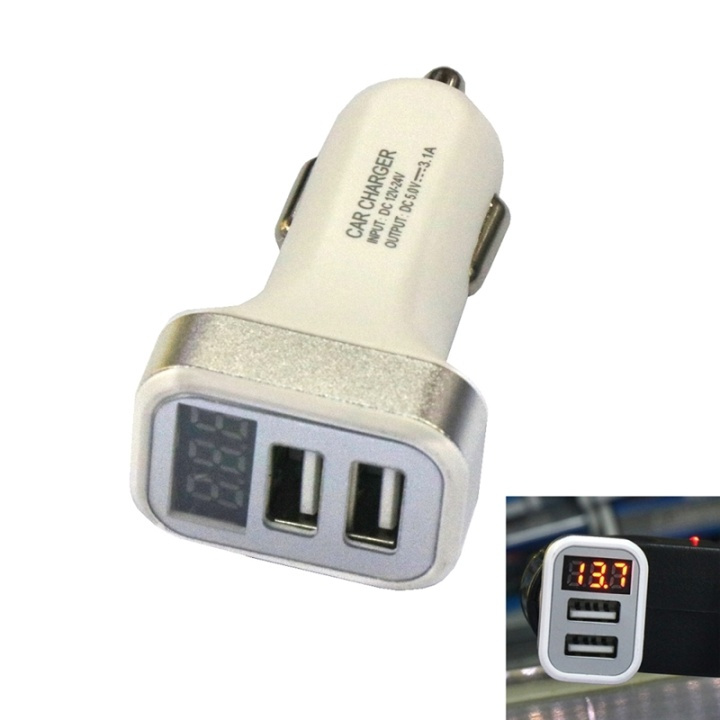 USB-billaddare med 2 USB-portar och display, Silver i gruppen SMARTTELEFON & NETTBRETT / Ladere og Kabler / Billader / Billader USB hos TP E-commerce Nordic AB (38-26745)