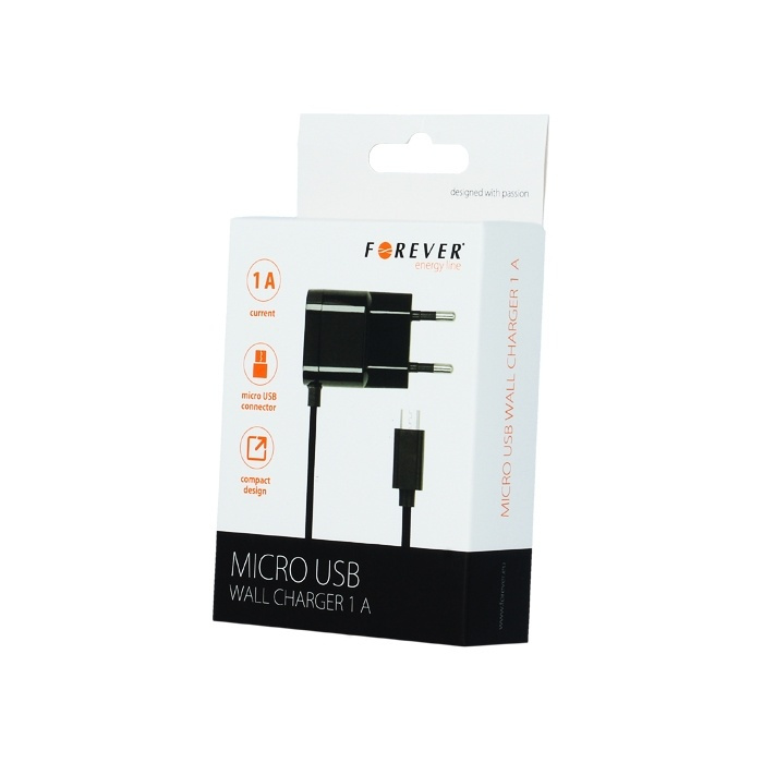 Forever Reiselader microUSB-kabel, 1A, Svart i gruppen SMARTTELEFON & NETTBRETT / Ladere og Kabler / Vegglader / Vegglader microUSB hos TP E-commerce Nordic AB (38-26991)