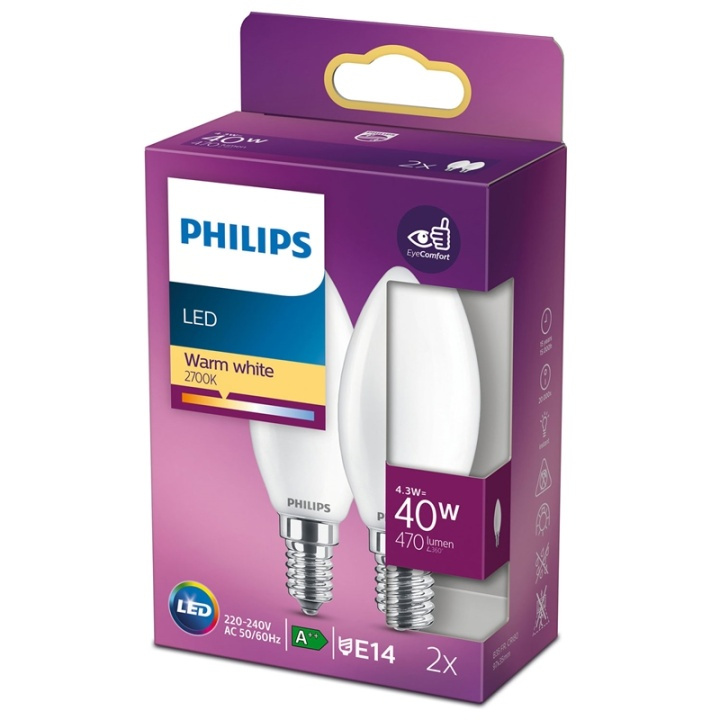 Philips 2-pakning LED E14 Crown 40W Frost 470lm i gruppen Elektronikk / Lys / LED-lys hos TP E-commerce Nordic AB (38-28883)