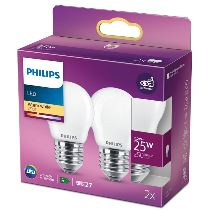 Philips 2-pakning LED E27 P45 Sphere 25W Frost 250lm i gruppen Elektronikk / Lys / LED-lys hos TP E-commerce Nordic AB (38-28886)