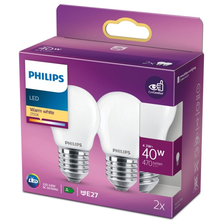 Philips 2-pakning LED E27 P45 Sphere 40W Frost 470lm i gruppen Elektronikk / Lys / LED-lys hos TP E-commerce Nordic AB (38-28887)