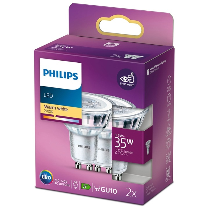 Philips 2-pack LED GU10 Spot 35W 255lm i gruppen Elektronikk / Lys / LED-lys hos TP E-commerce Nordic AB (38-28891)