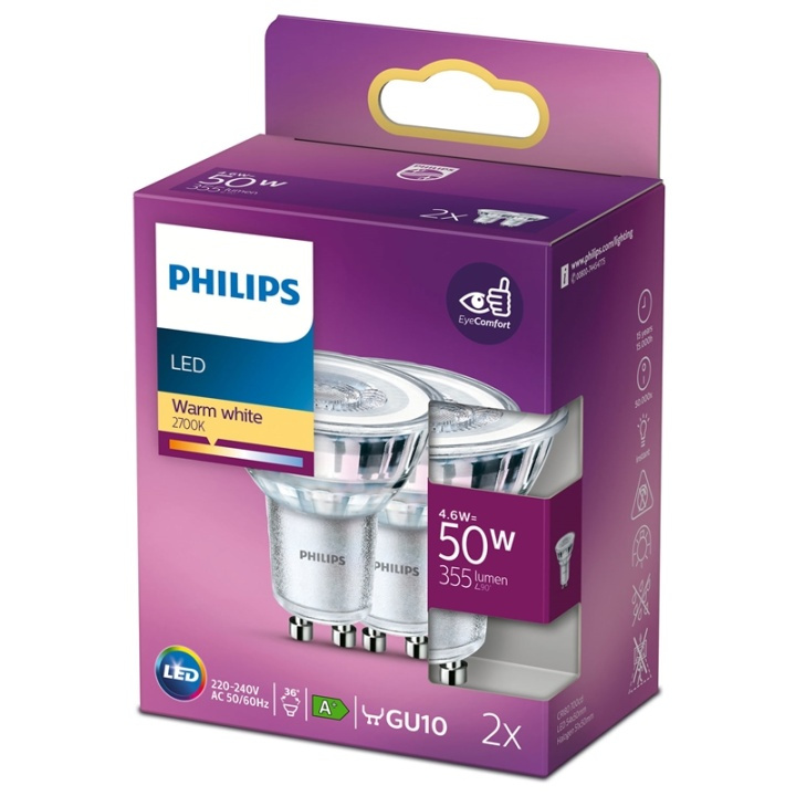 Philips 2-pakning LED GU10 Spot 50W 355lm i gruppen Elektronikk / Lys / LED-lys hos TP E-commerce Nordic AB (38-28892)