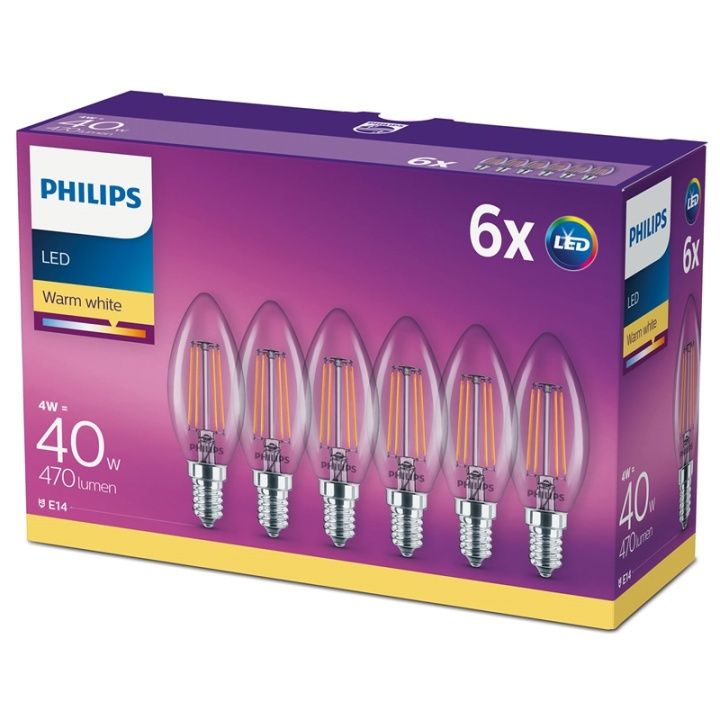 Philips 6-pakning LED E14 Crown 4W (40W) Clear 470lm i gruppen Elektronikk / Lys / LED-lys hos TP E-commerce Nordic AB (38-28893)