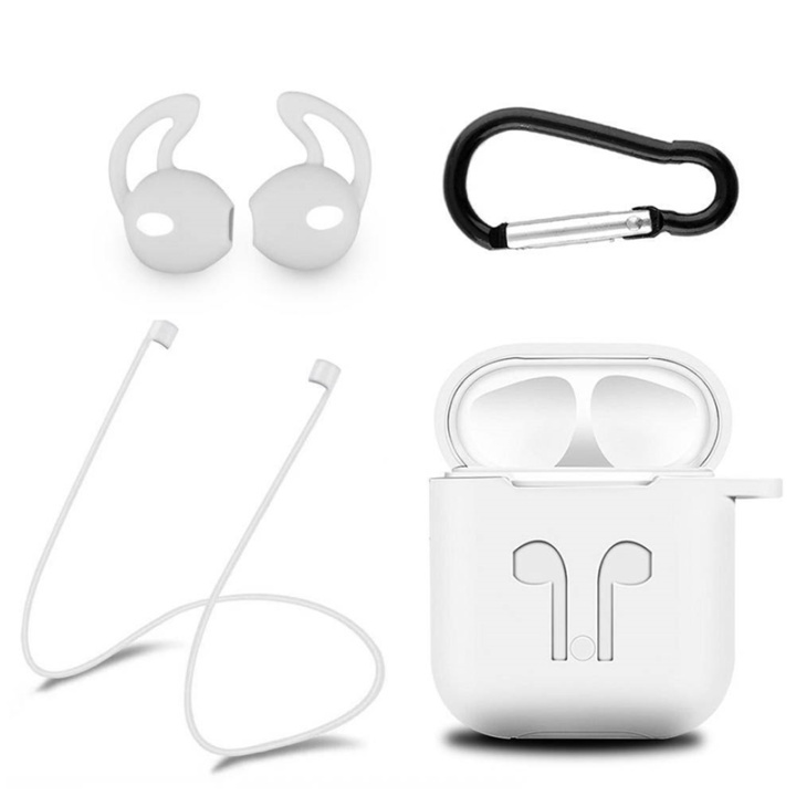 Silikonsett for Airpods, silikonetui, stropp, ørepropper i silikon, karabinkrok, hvit i gruppen Elektronikk / Lyd & Bilde / Hodetelefoner & Tilbehør / Tilbehør hos TP E-commerce Nordic AB (38-29055)