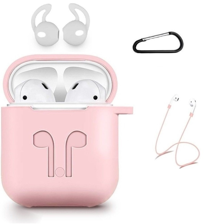 Silikonsett for Airpods, silikonetui, stropp, ørepropper i silikon, karabinkrok, rosa i gruppen Elektronikk / Lyd & Bilde / Hodetelefoner & Tilbehør / Tilbehør hos TP E-commerce Nordic AB (38-29056)