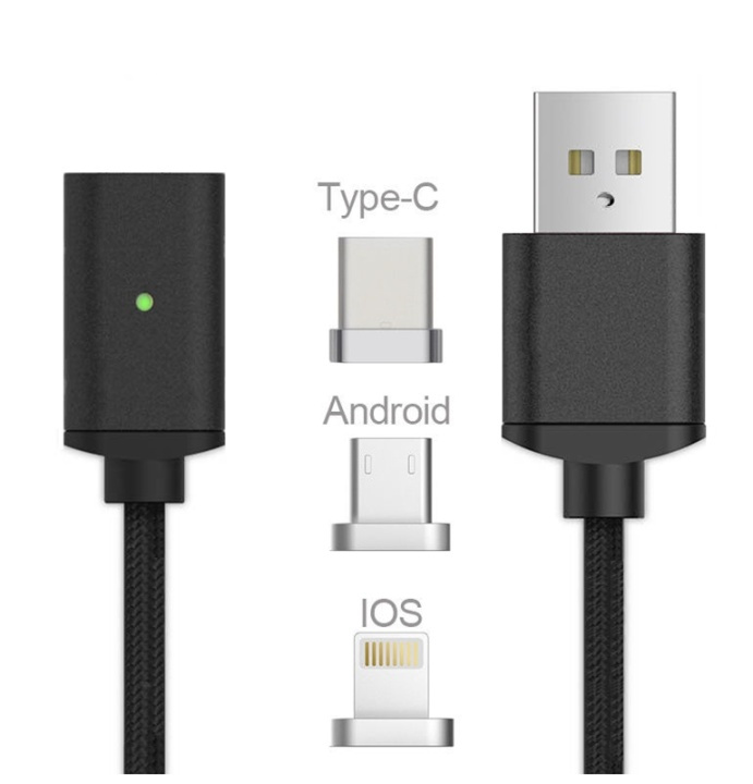 Magnetisk USB-kabel 3 i 1 - USB-C, Micro, Lightning (svart) i gruppen SMARTTELEFON & NETTBRETT / Ladere og Kabler / Kabler / Kabler microUSB hos TP E-commerce Nordic AB (38-29770)