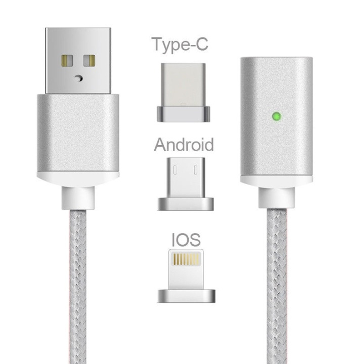 Magnetisk USB-kabel 3 i 1 - USB-C, Micro, Lightning (sølv) i gruppen SMARTTELEFON & NETTBRETT / Ladere og Kabler / Kabler / Kabler microUSB hos TP E-commerce Nordic AB (38-29771)
