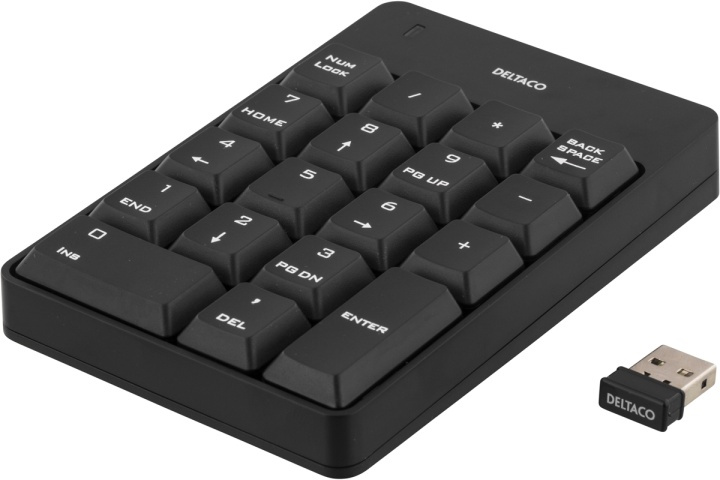 DELTACO trådlöst numeriskt tangentbord, USB, 10m räckvidd, svart i gruppen Datautstyr / Mus & Tastatur / Tastatur / Trådløs hos TP E-commerce Nordic AB (38-36763)