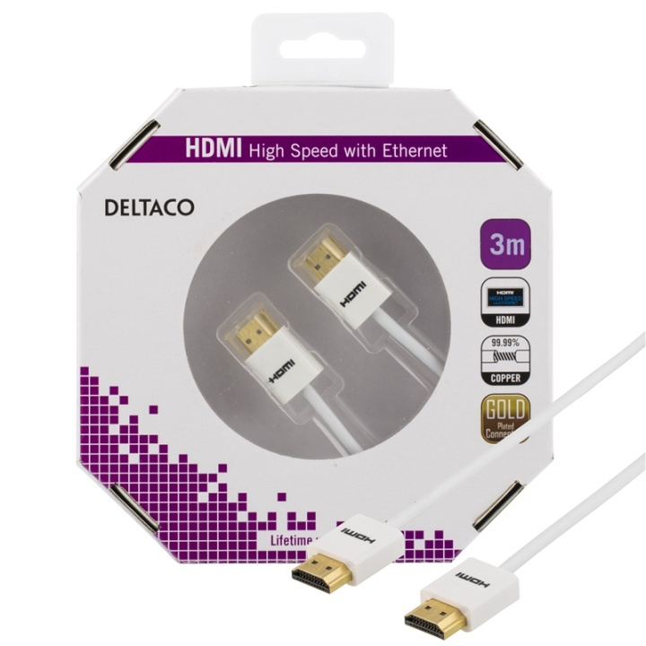DELTACO tynn HDMI-kabel, 3 m, hvit blisterpakning (HDMI-1093A-K) i gruppen Elektronikk / Kabler og adaptere / HDMI / Kabler hos TP E-commerce Nordic AB (38-36767)