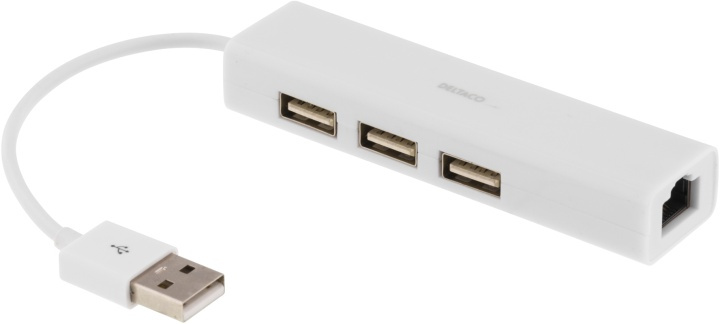 DELTACO USB 2.0-nettverksadapter med USB-hub, 100 Mbps, 3xUSB, hvit (USB2-LAN3) i gruppen Datautstyr / Nettverk / Nettverkskort / USB hos TP E-commerce Nordic AB (38-36776)