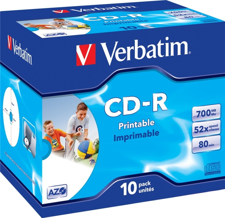 Verbatim CD-R, 52x, 700 MB/80 min, 10-pk, jewel case, AZO, printbar (43325) i gruppen Elektronikk / Lagringsmedia / CD/DVD/BD-plater / CD-R hos TP E-commerce Nordic AB (38-37122)