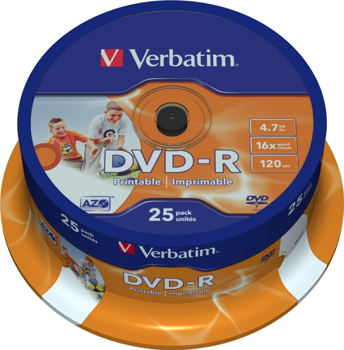 Verbatim DVD-R, 16x, 4,7 GB/120 min, 25-pakning spindel, AZO, utskrivbar (43538) i gruppen Elektronikk / Lagringsmedia / CD/DVD/BD-plater / DVD-R hos TP E-commerce Nordic AB (38-37129)