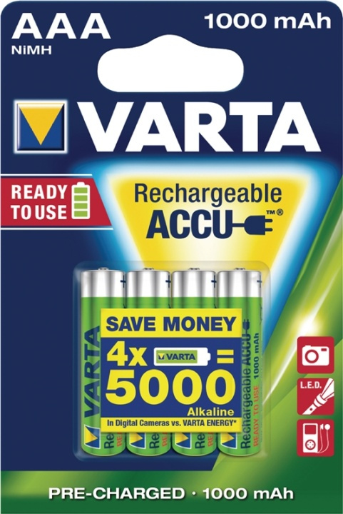 Varta Oppladbare Ni-MH batteri AAA | 1.2 V DC | 1000 mAh | Forhånds ladet | 4-Blisterkort i gruppen Elektronikk / Batterier & Ladere / Oppladbare batterier / AAA hos TP E-commerce Nordic AB (38-41940)