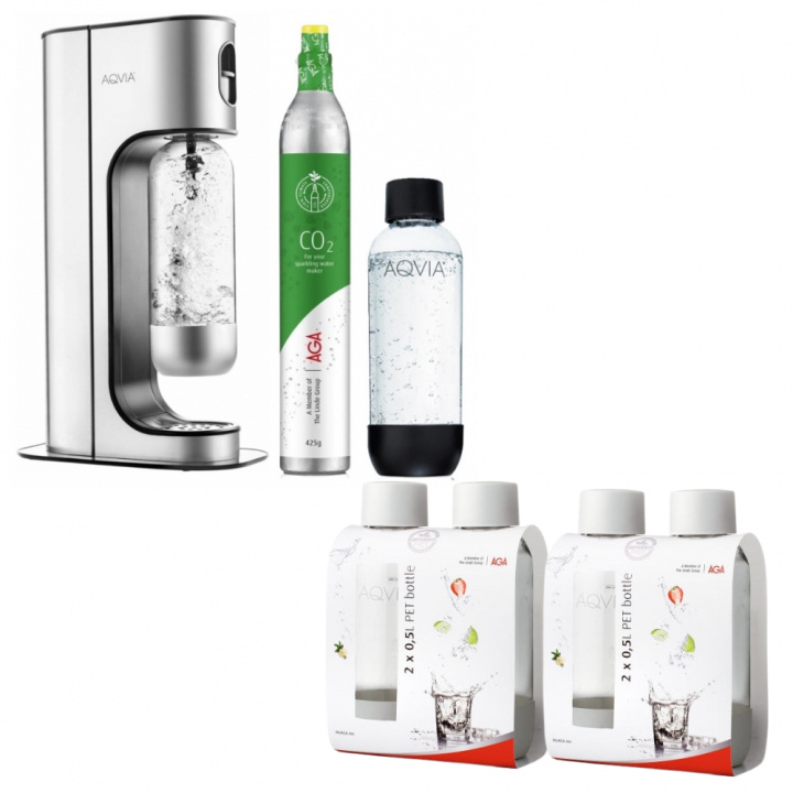 AGA Aqvia Exclusive Steel Black inkl. 2 1L flaskor, 4x0,5L flaskor + kolsyrepatron i gruppen HJEM, HUS OG HAGE / Husholdningsapparater / Vann og juice / Kullsyremaskin / Maskiner hos TP E-commerce Nordic AB (38-5273PKT3)