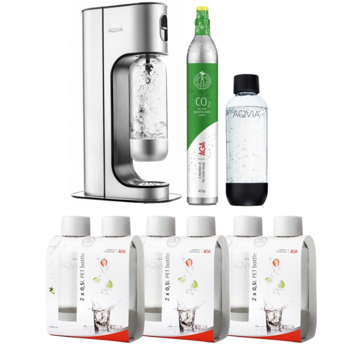 AGA Aqvia Exclusive Steel Black inkl. 2 1L flaskor, 6x0,5L flaskor + kolsyrepatron i gruppen HJEM, HUS OG HAGE / Husholdningsapparater / Vann og juice / Kullsyremaskin / Maskiner hos TP E-commerce Nordic AB (38-5273PKT4)