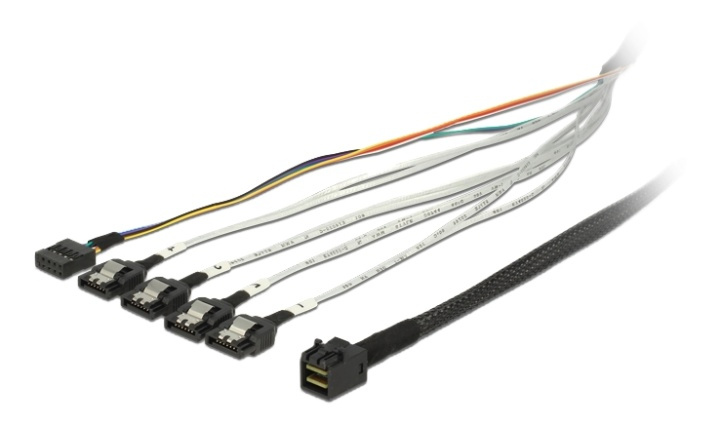 DeLOCK mini SAS-kabel, 0,5 m SFF-8643 - 4xSATA 7-pinners + 1x8-pinners sidebånd, svart/hvit i gruppen Datautstyr / Kabler og adaptere / Intern / Strømkabler og adaptere hos TP E-commerce Nordic AB (38-53036)
