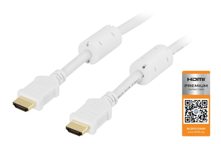 DELTACO HDMI-kabel, Premium High Speed HDMI with Ethernet, 1m, hvit i gruppen Elektronikk / Kabler og adaptere / HDMI / Kabler hos TP E-commerce Nordic AB (38-5312)