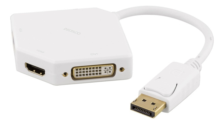 DELTACO DisplayPort til DVI-D/HDMI/VGA-adapter, 0,2 m, hvit i gruppen Datautstyr / Kabler og adaptere / DisplayPort / Adaptere hos TP E-commerce Nordic AB (38-53327)