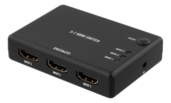 DELTACO HDMI-bryter, 3 innganger til 1 utgang, 4K i 60 Hz, 7.1, svart i gruppen Datautstyr / Kabler og adaptere / HDMI/VGA/DVI-switcher hos TP E-commerce Nordic AB (38-53389)
