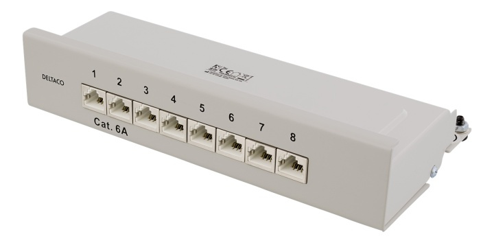 DELTACO Kretspanel, 8xRJ45, Cat6a, veggmonterbart, 10Gbps, grå i gruppen Datautstyr / Nettverk / Routere hos TP E-commerce Nordic AB (38-53481)