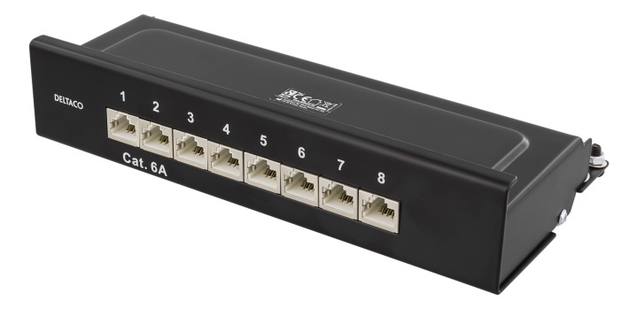 DELTACO Kretspanel, 8xRJ45, Cat6a, veggmonterbart, 10Gbps, svart i gruppen Datautstyr / Nettverk / Routere hos TP E-commerce Nordic AB (38-53482)