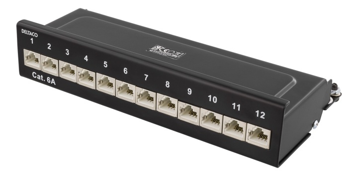 DELTACO Kretspanel, 12xRJ45, Cat6a, veggmonterbart, 10Gbps, svart i gruppen Datautstyr / Nettverk / Routere hos TP E-commerce Nordic AB (38-53484)