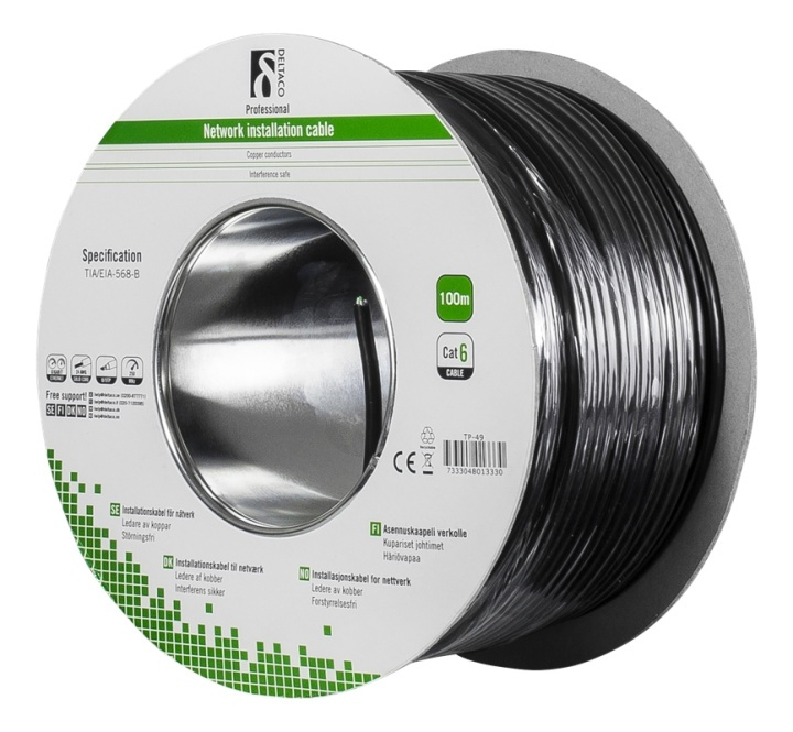 DELTACO U/UTP Cat6 installation cable, for outdoor use, 100m, black i gruppen Datautstyr / Kabler og adaptere / Nettverk / Cat6 hos TP E-commerce Nordic AB (38-53582)