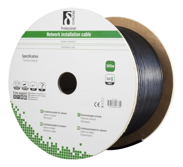 DELTACO F/UTP Cat6 installation cable, for outdoor use, 305m, black i gruppen Datautstyr / Kabler og adaptere / Nettverk / Cat6 hos TP E-commerce Nordic AB (38-53585)