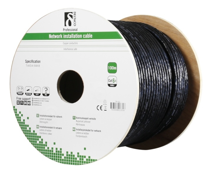 DELTACO S/FTP Cat6a installasjonskabel, for utendørs bruk, 100m, svart i gruppen Datautstyr / Kabler og adaptere / Nettverk / Cat6 hos TP E-commerce Nordic AB (38-53586)