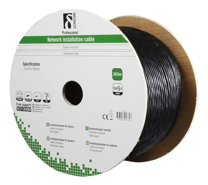 DELTACO S/FTP Cat6a installasjonskabel, for utendørs bruk, 305m, svart i gruppen Datautstyr / Kabler og adaptere / Nettverk / Cat6 hos TP E-commerce Nordic AB (38-53587)