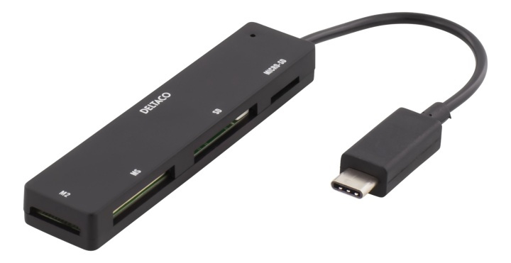 DELTACO USB 2.0 memory card reader, USB-C, 4-slot, black i gruppen Elektronikk / Lagringsmedia / Minnekortleser hos TP E-commerce Nordic AB (38-53609)
