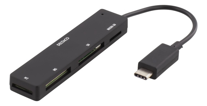 DELTACO USB 2.0 minnekortleser, USB-C, 4 spor, svart i gruppen Elektronikk / Lagringsmedia / Minnekortleser hos TP E-commerce Nordic AB (38-53609)