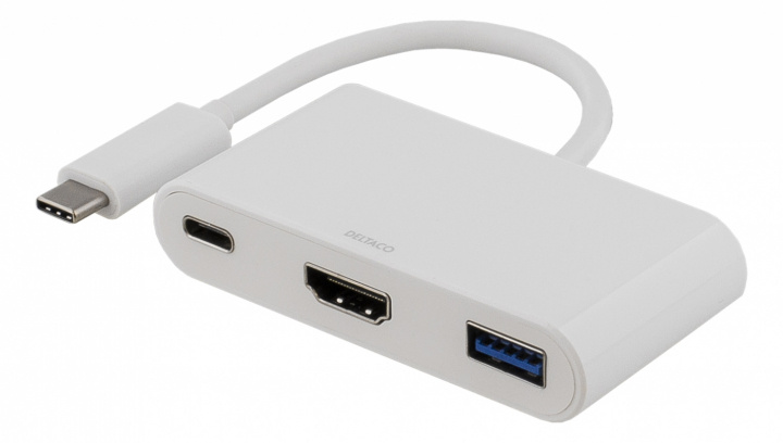 DELTACO USB-C till HDMI och USB Typ A adapter, USB-C ho, 60W, vit i gruppen Elektronikk / Kabler og adaptere / HDMI / Adaptere hos TP E-commerce Nordic AB (38-53709)