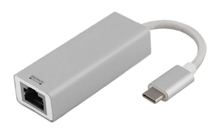 DELTACO PRIME USB-C nettverksadapter, Gigabit, RJ45, aluminium, sølv i gruppen Datautstyr / Nettverk / Nettverkskort / USB hos TP E-commerce Nordic AB (38-53715)