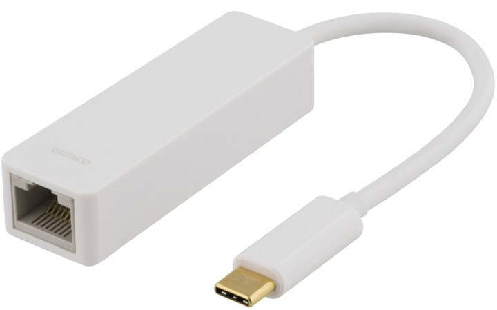 DELTACO USB 3.1 nettverksadapter, Gigabit, 1xRJ45, USB Type C, hvit i gruppen Datautstyr / Nettverk / Nettverkskort / USB hos TP E-commerce Nordic AB (38-53773)