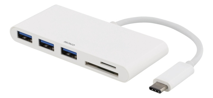 DELTACO USB 3.1 Gen 1 hub, USB-C, 3USB A, SD/microSD reader, white i gruppen Datautstyr / Datamaskin Tilbehør / USB-Hubs hos TP E-commerce Nordic AB (38-53780)