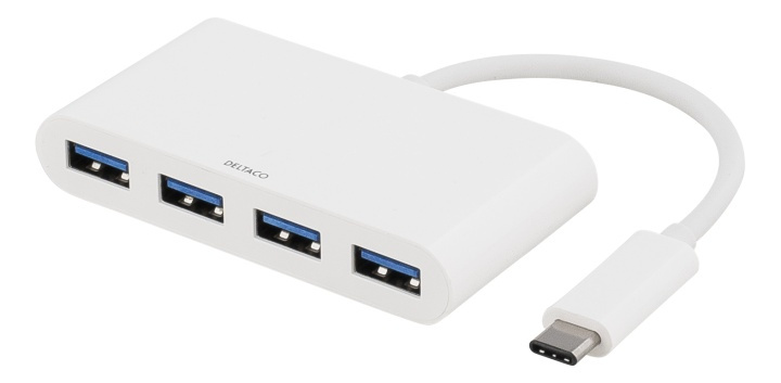 DELTACO USB 3.1 Gen 1 hub, USB-C, 4xUSB Type A, 5V 4,5W 900mA, white i gruppen Datautstyr / Datamaskin Tilbehør / USB-Hubs hos TP E-commerce Nordic AB (38-53781)