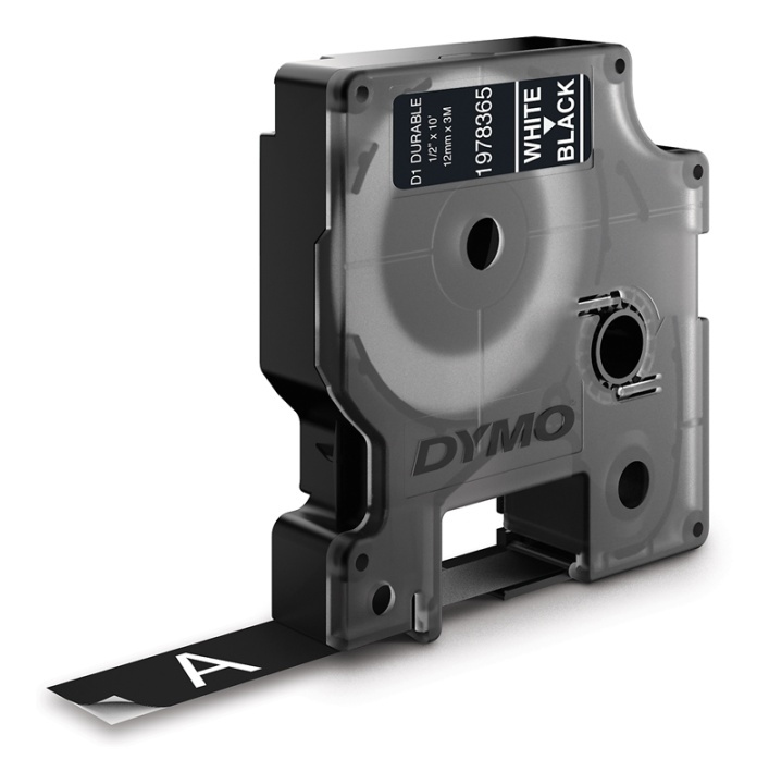DYMO Slitesterk D1-tape, 12 mm, 3 m, hvit tekst på svart tape i gruppen Datautstyr / Skrivere og tilbehør / Skrivere / Merkemaskiner og tilbehør / Tape hos TP E-commerce Nordic AB (38-54395)