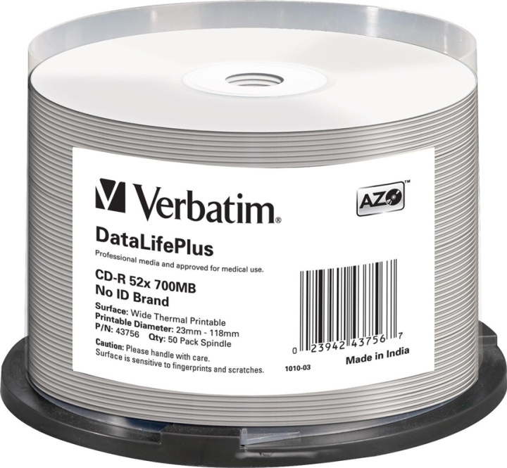Verbatim CD-R 52x 700 MB/80 min, 50-pk spindel, uten ID-merke, termisk utskrift i gruppen Elektronikk / Lagringsmedia / CD/DVD/BD-plater / CD-R hos TP E-commerce Nordic AB (38-55901)