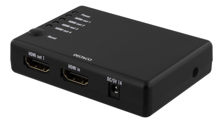 DELTACO HDMI-splitter, 1x HDMI inn, 4x HDMI ut, 6,75 Gbit/s, svart i gruppen Datautstyr / Kabler og adaptere / HDMI/VGA/DVI-switcher hos TP E-commerce Nordic AB (38-61609)