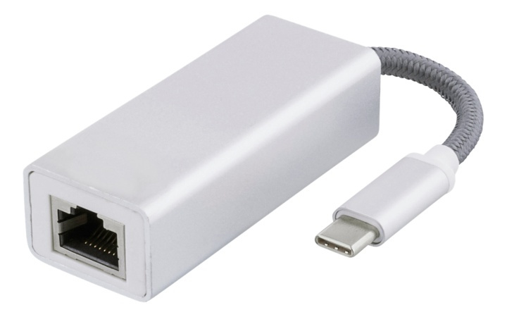 DELTACO USB-C-nettverksadapter, Gigabit, RJ45, hvit pose, sølv i gruppen Datautstyr / Kabler og adaptere / Nettverk / Adaptere og koblinger hos TP E-commerce Nordic AB (38-61798)