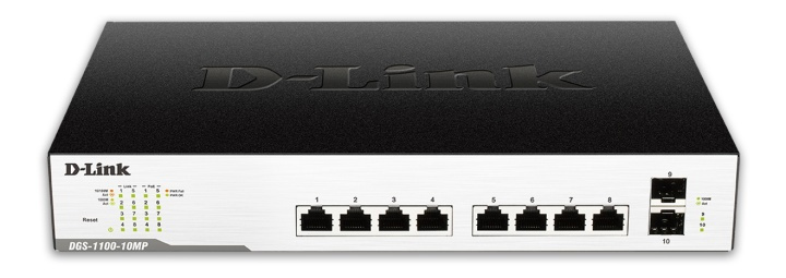 D-Link nettverksswitch, 8xRJ45, 2xSFP, PoE plus, Gigabit, black/sølv i gruppen Datautstyr / Nettverk / Switcher hos TP E-commerce Nordic AB (38-61978)