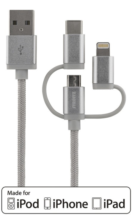 DELTACO 3in1 USB Sync/Charging,universal,USB-2.0,2.4A/12W,MFi,1m,silve i gruppen SMARTTELEFON & NETTBRETT / Ladere og Kabler / Kabler / Kabler microUSB hos TP E-commerce Nordic AB (38-62410)