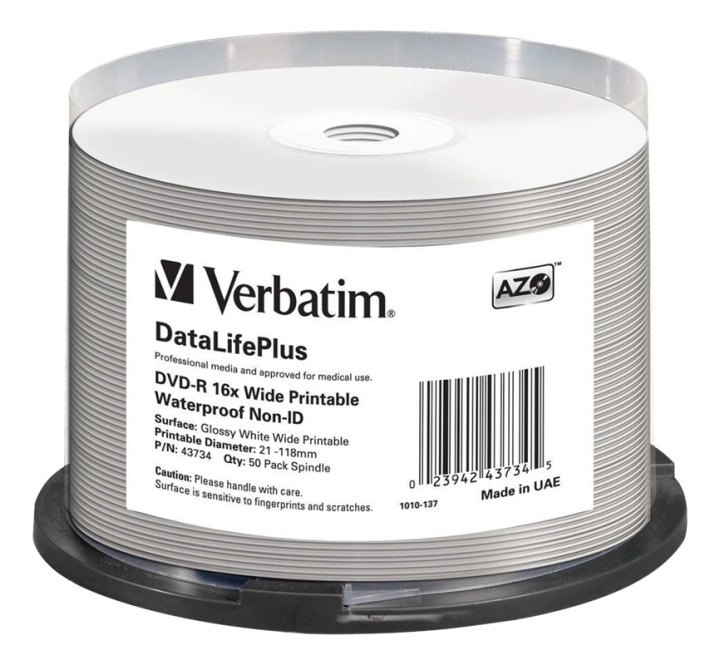 Verbatim DVD-R AZO 4.7GB 16X DL+ WIDE GLOSSY WATERPROOF PRINTABLE i gruppen Elektronikk / Lagringsmedia / CD/DVD/BD-plater / CD/DVD-oppbevaring hos TP E-commerce Nordic AB (38-62607)