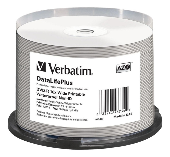 Verbatim DVD-R AZO 4,7 GB 16X DL+ WIDE GLOSSY WATERPROOF PRINTABLE i gruppen Elektronikk / Lagringsmedia / CD/DVD/BD-plater / CD/DVD-oppbevaring hos TP E-commerce Nordic AB (38-62607)